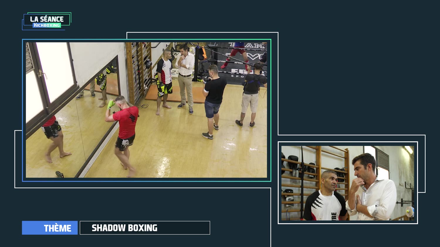 Split screen associant le shadow boxing et le commentaire de l'entraîneur.