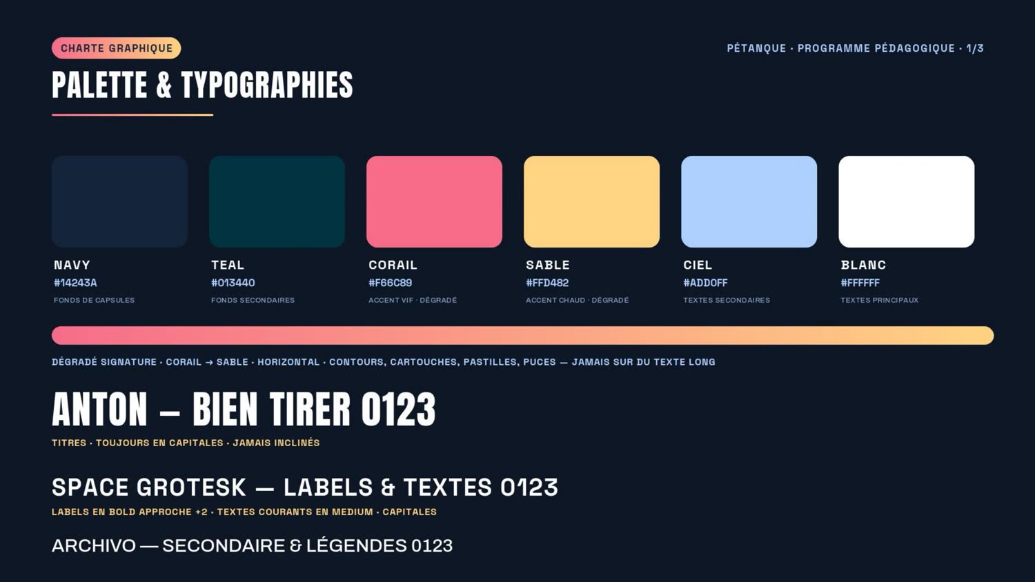Page 1 — palette et typographies.